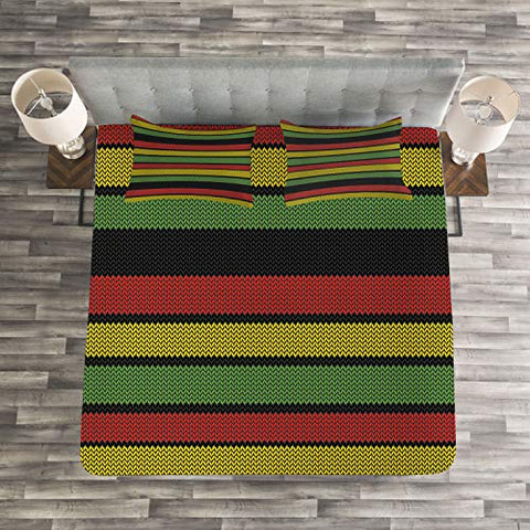 Image of Jamaican Bedspread, Knitted Effect Rastafarian Stripes Abstract Caribbean Culture Elements Tropical, Queen Size - AVM