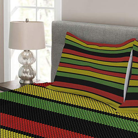 Image of Jamaican Bedspread, Knitted Effect Rastafarian Stripes Abstract Caribbean Culture Elements Tropical, Queen Size - AVM