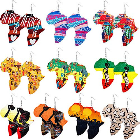Image of 10 Pairs Wooden Earrings Afrikan Map Jewelry - AVM