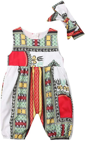 Image of Baby Girls Afrikan Dashiki Print One-Piece Rompers Jumpsuit Headband Toddler Outfit - AVM