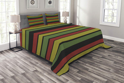 Image of Jamaican Bedspread, Knitted Effect Rastafarian Stripes Abstract Caribbean Culture Elements Tropical, Queen Size - AVM
