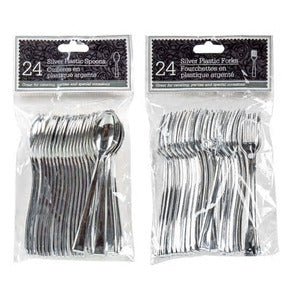 Image of Silver Plastic Utensils with Black Handles- 24 count - AVM