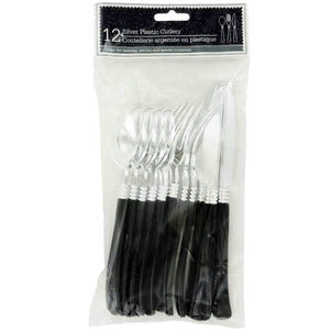 Image of Silver Plastic Utensils with Black Handles- 24 count - AVM