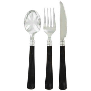 Image of Silver Plastic Utensils with Black Handles- 24 count - AVM
