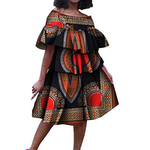 Afrikan Dashiki Print Bright Multi-Layer Folds Cake Dress