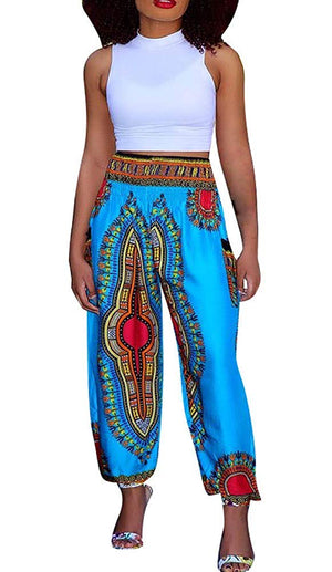 Women's Afrikan Dashiki Floral Casual Loose Baggy Pants - AVM