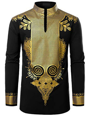Image of Men's Afrikan Dashiki Luxury Metallic Gold Printed Mandarin Collar Shirt - AVM