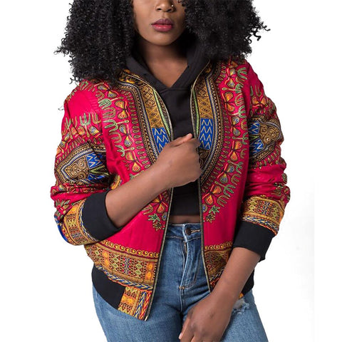 Image of Women's Casual Afrikan Print Zipper Jacket Coat with Pockets - AVM