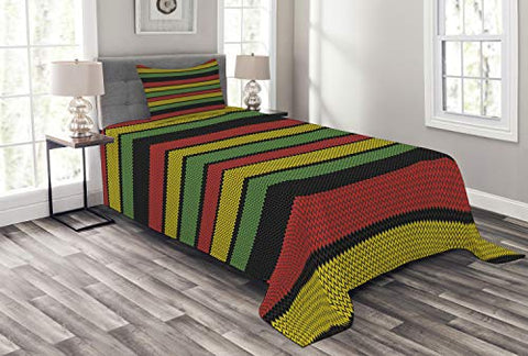 Image of Jamaican Bedspread, Knitted Effect Rastafarian Stripes Abstract Caribbean Culture Elements Tropical, Queen Size - AVM