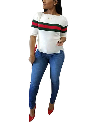 Image of Women's Ribbed Ribbon Stripe Patchwork Half Sleeve T-Shirt - AVM
