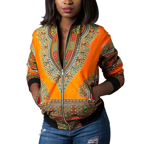 Image of Women's Casual Afrikan Print Zipper Jacket Coat with Pockets - AVM