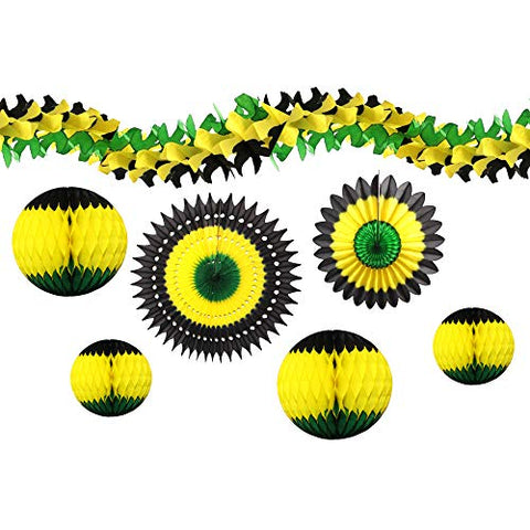 Image of 7-Piece Complete Jamaican Honeycomb Party Decoration Set (Black/Yellow/Green) - AVM