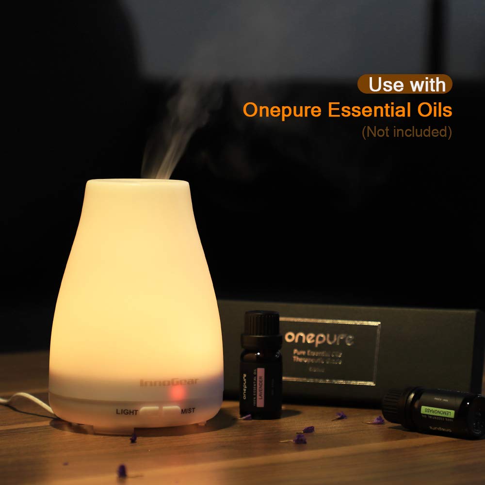 InnoGear Essential Oil Diffuser, Upgraded Diffusers for Essential Oils  Aromatherapy Diffuser Cool Mist Humidifier with 7 Colors Lights 2 Mist Mode  Waterless Auto Off for Home Office Room, White Grey
