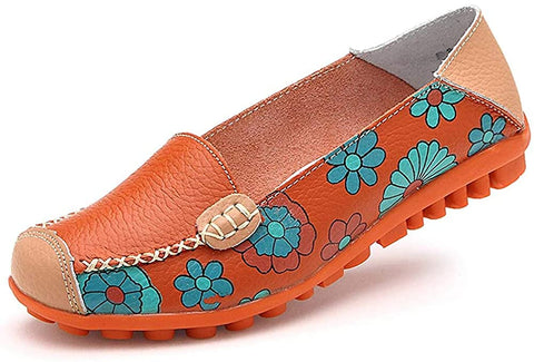 Image of Women's Comfortable Leather Floral Print Flats Walking Shoes for Women - AVM