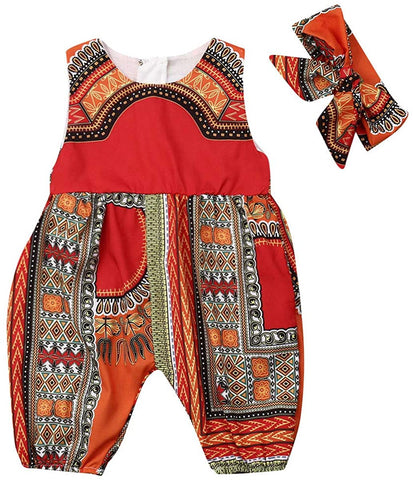 Image of Baby Girls Afrikan Dashiki Print One-Piece Rompers Jumpsuit Headband Toddler Outfit - AVM