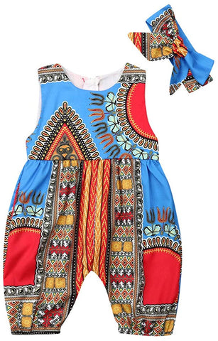 Image of Baby Girls Afrikan Dashiki Print One-Piece Rompers Jumpsuit Headband Toddler Outfit - AVM