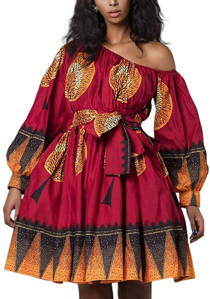 Women's One Shoulder Oblique Neck Short Dresses Afrikan Floral Print Dress - AVM