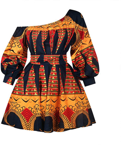 Image of Women's One Shoulder Oblique Neck Short Dresses Afrikan Floral Print Dress - AVM