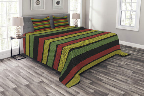 Jamaican Bedspread, Knitted Effect Rastafarian Stripes Abstract Caribbean Culture Elements Tropical, Queen Size - AVM