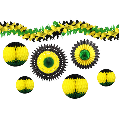 Image of 7-Piece Complete Jamaican Honeycomb Party Decoration Set (Black/Yellow/Green) - AVM