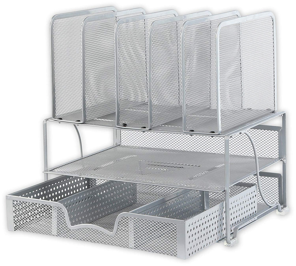 Simplehouseware Mesh Desk Organizer with Sliding Drawer, Double Tray and 5 Black