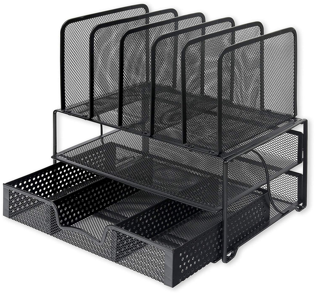 SimpleHouseware Mesh Desk Organizer with Sliding Drawer, Double Tray and 5  Upright Sections, Black