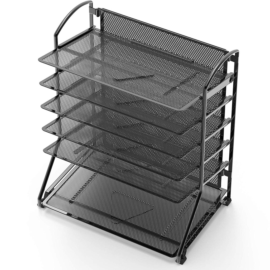 SimpleHouseware Mesh Desk Organizer with Sliding Drawer, Double Tray and 5  Upright Sections, Black