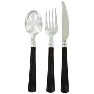 Silver Plastic Utensils with Black Handles- 24 count - AVM