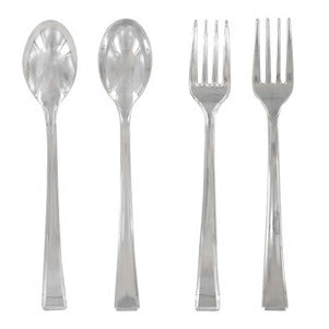 Image of Silver Plastic Utensils with Black Handles- 24 count - AVM