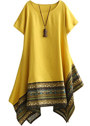 Women's Ethnic Cotton Linen Short/Long Sleeves Dress - AVM