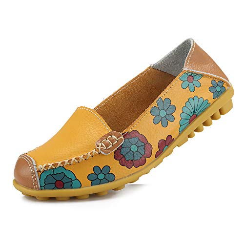 Women's Comfortable Leather Floral Print Flats Walking Shoes for Women - AVM