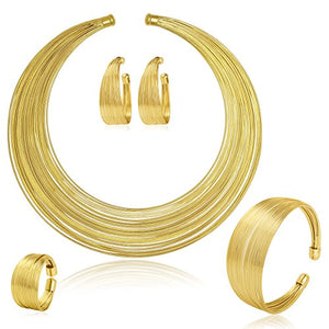 Gold Plated Afrikan Multiple Strands Choker Women Necklace and Earrings Jewelry Set - AVM