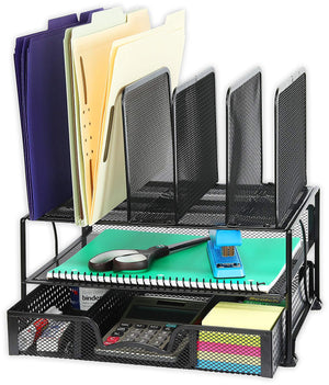 Desk Organizer with Sliding Drawer, Double Tray and 5 Upright Sections