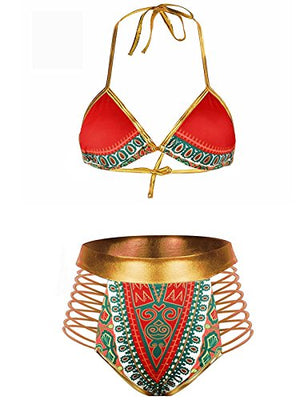 Women Tribal Print Bikini Afrikan Metallic Swimsuit - AVM