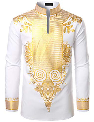 Men's Afrikan Dashiki Luxury Metallic Gold Printed Mandarin Collar Shirt - AVM