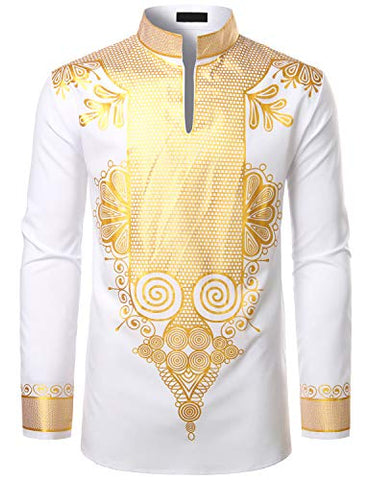 Image of Men's Afrikan Dashiki Luxury Metallic Gold Printed Mandarin Collar Shirt - AVM