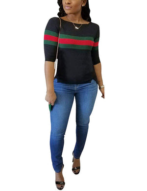 Women's Ribbed Ribbon Stripe Patchwork Half Sleeve T-Shirt - AVM