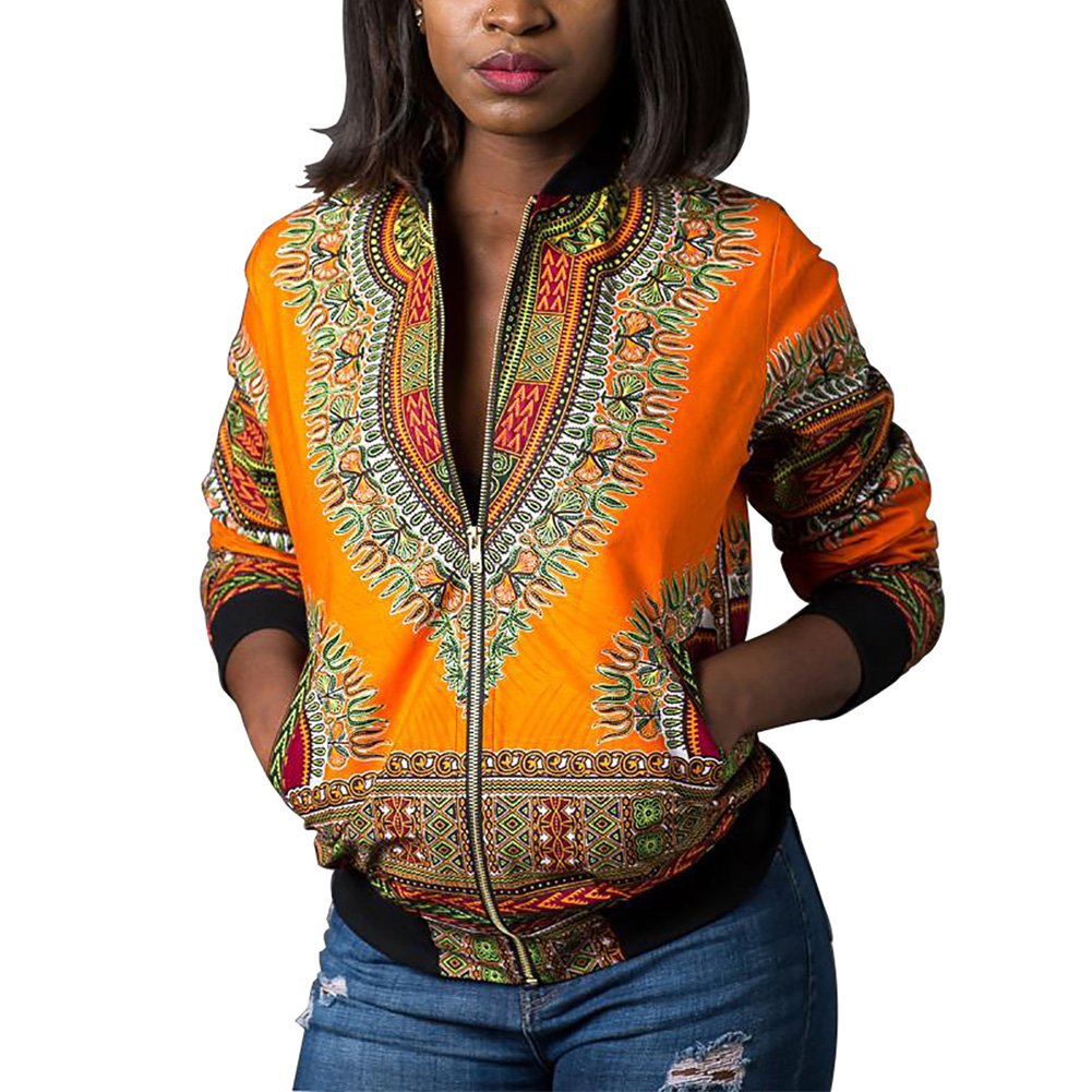 Women's Casual Afrikan Print Zipper Jacket Coat with Pockets - AVM