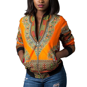 Women's Casual Afrikan Print Zipper Jacket Coat with Pockets